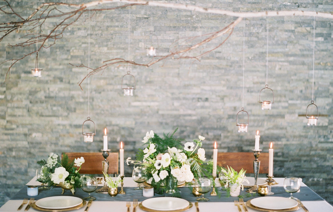 hanging tea lights + taper candlesticks l poppy floral l gold flatware
