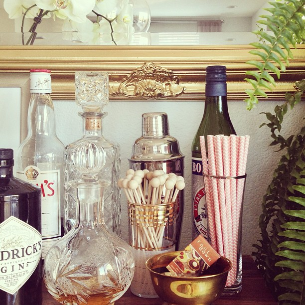 stylish bar l crystal decanters + pink chevron straws + wood stirrers