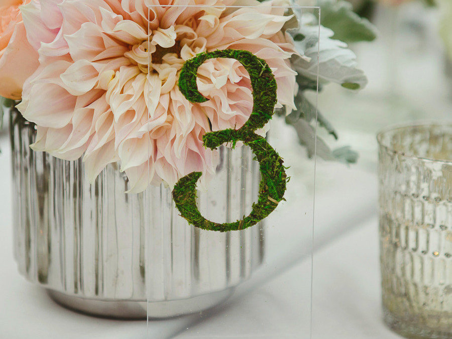 lucite and moss table numbers | Photography by closertolovephotography.com, Floral Design by http://www.invitingoccasion.com Read more – http://www.stylemepretty.com/2013/08/19/san-juan-capistrano-wedding-from-closer-to-love-photography/
