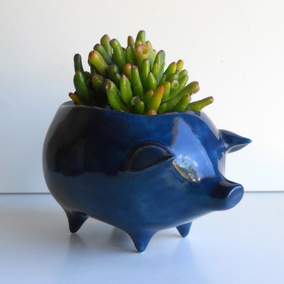 Ceramic Pig Planter Vintage Design in Navy Blue Succulent Planter Retro Birthday Gift Sponge Holder