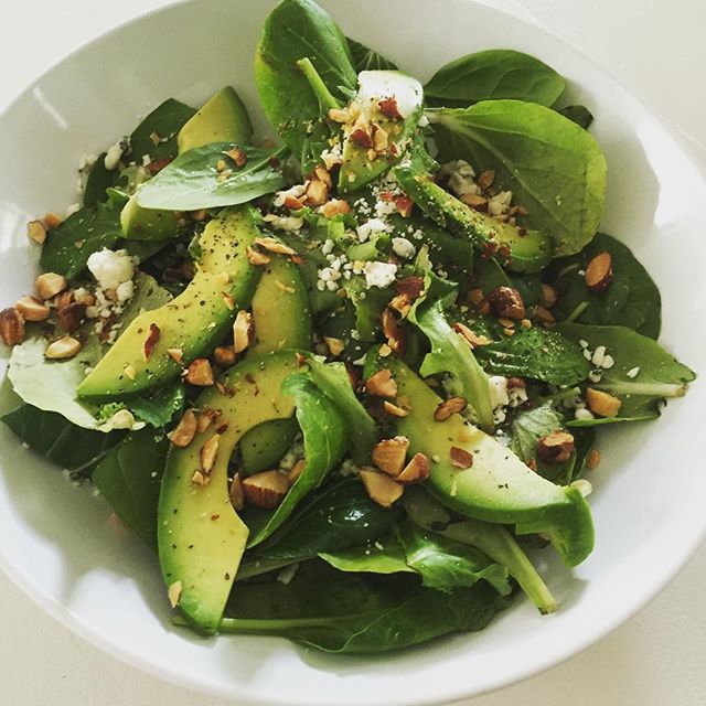 super greens + fresh basil from the garden, avocado, almonds + a sprinkle of blue cheese w/ cracked pepper + fresh squeezed lime juice | #realsimple #yummygoodness #goodfood #healthyfood #organic #greengoddess #weeat #eat #food #salad #healthy #foodforthought